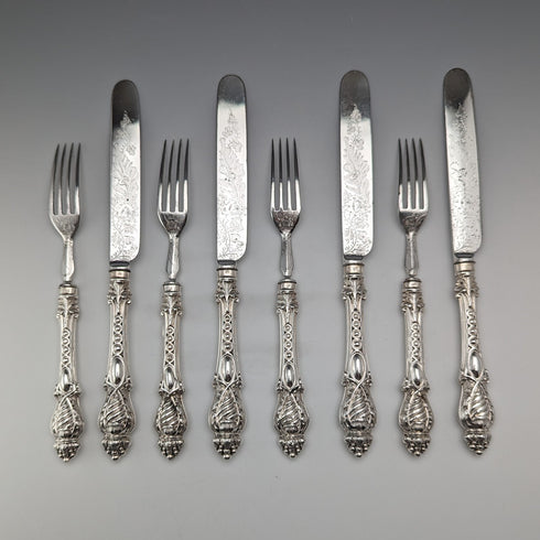 Circa 1860 British antique silver handle cutlery, 4 pairs, Harrison Brothers & Howson